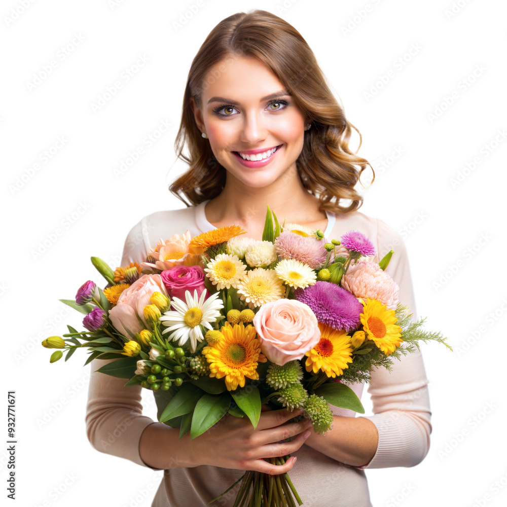 Smiling woman holding a large bouquet of fresh flowers, celebrating an occasion Smiling woman holding a large bouquet of fresh flowers, celebrating an occasion