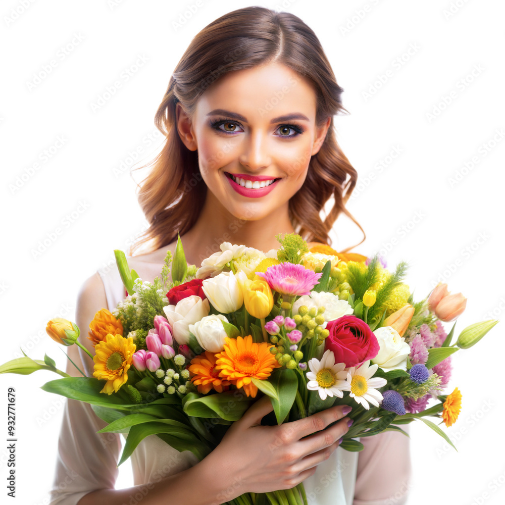 Woman with long wavy hair holding a colorful bouquet, smiling warmly Woman with long wavy hair holding a colorful bouquet, smiling warmly
