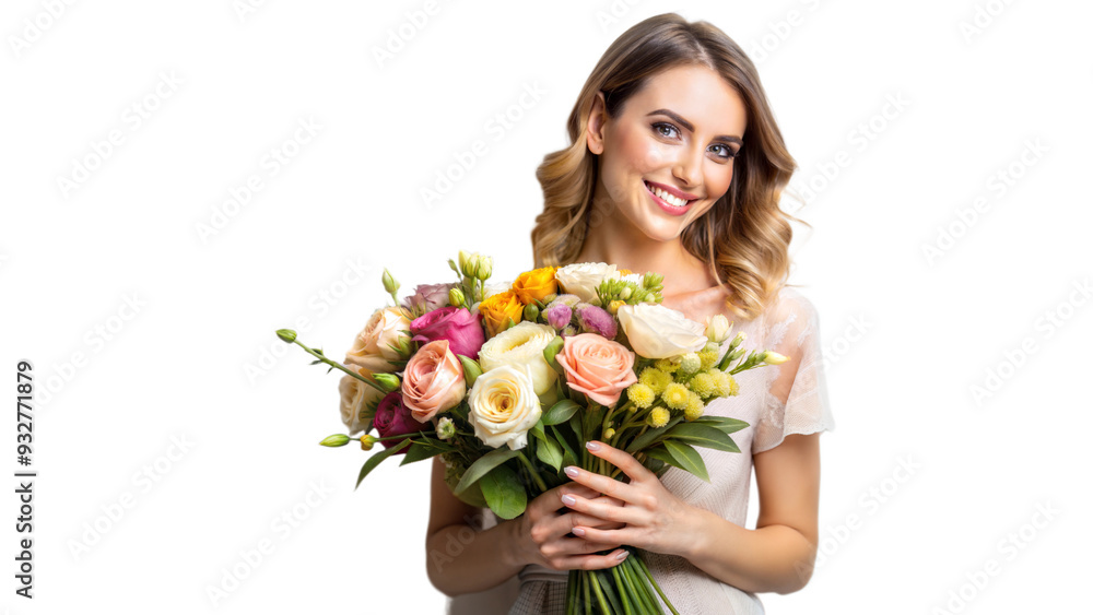 Woman smiling and holding a bouquet of flowers, exuding happiness Woman smiling and holding a bouquet of flowers, exuding happiness