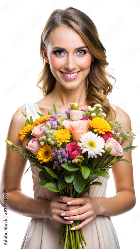 Woman smiling with a bouquet of flowers, showing happiness and gratitude Woman smiling with a bouquet of flowers, showing happiness and gratitude