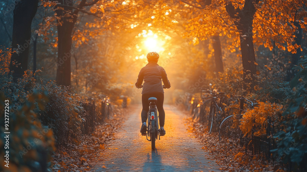 A person riding an electric bike through a scenic park, promoting sustainable travel. A person riding an electric bike through a scenic park, promoting sustainable travel.