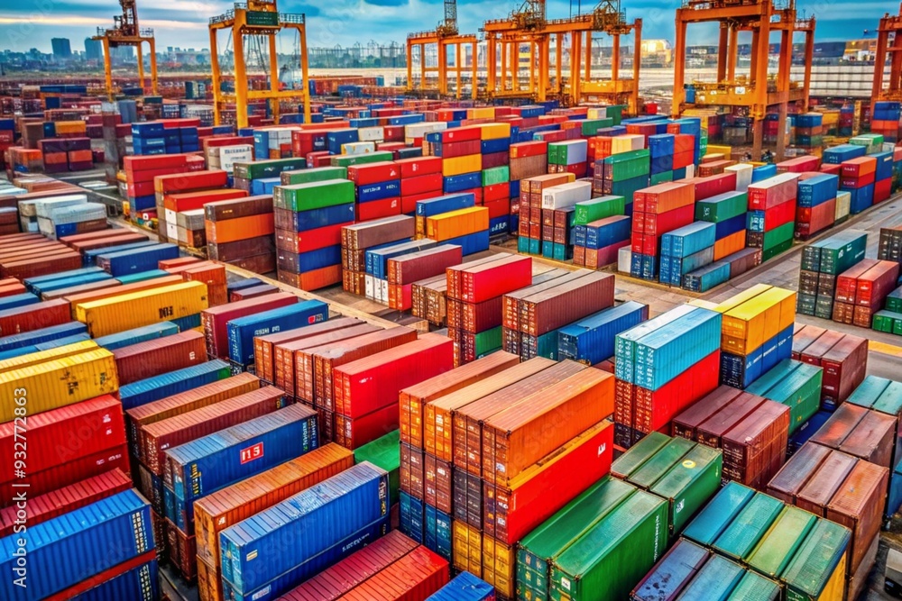Fototapeta premium A large warehouse with many containers stacked up