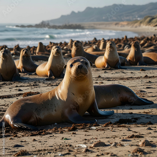 A group of sea lions on the polluted beach photo