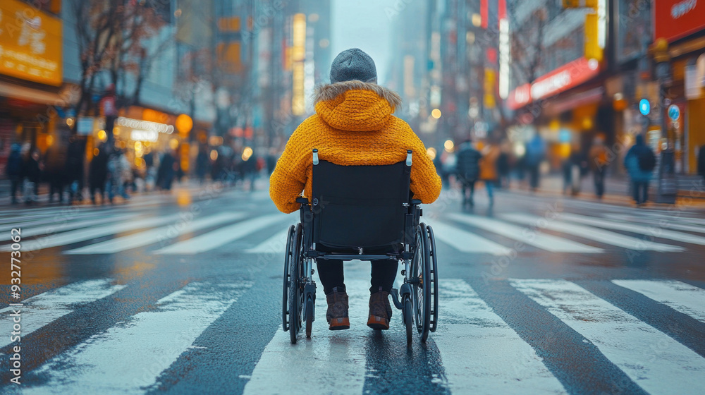 A person with a disability navigating a busy intersection using an accessible pedestrian signal. A person with a disability navigating a busy intersection using an accessible pedestrian signal.