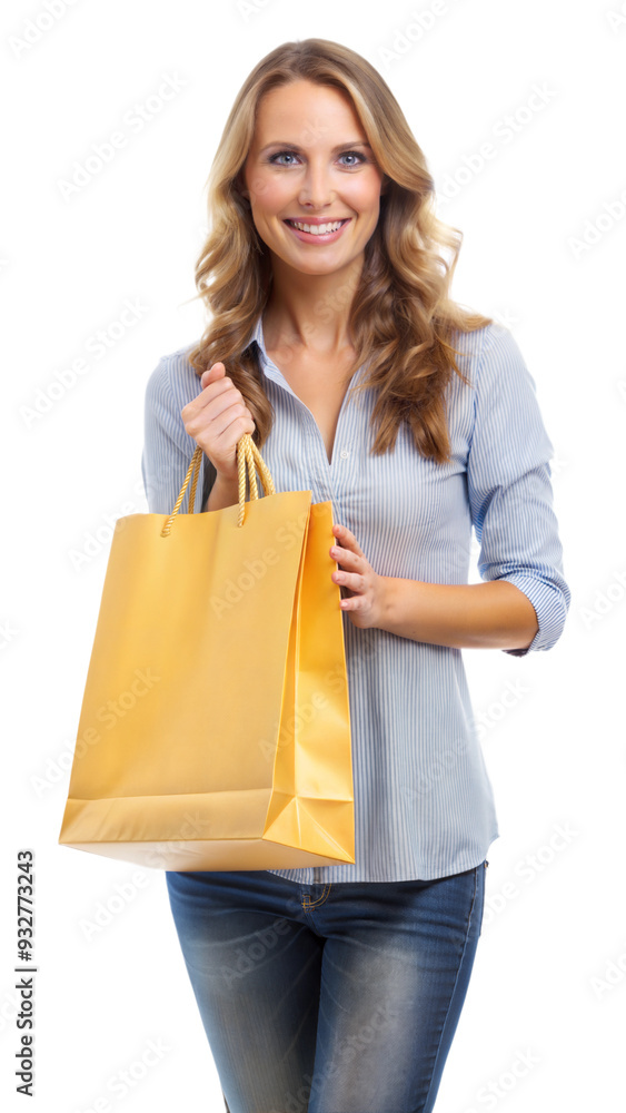 Woman smiling while holding shopping bags, feeling satisfied with her purchases Woman smiling while holding shopping bags, feeling satisfied with her purchases