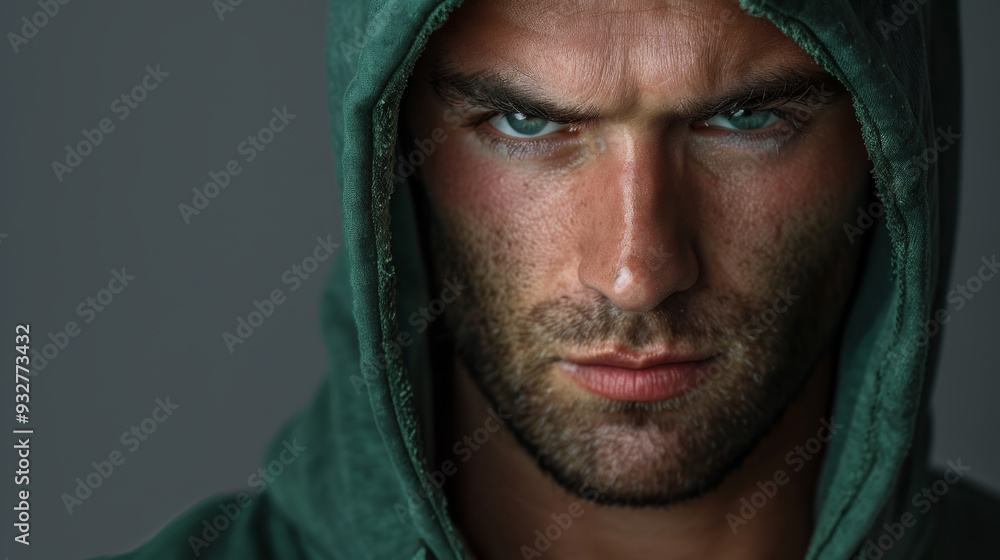 A man with a green hoodie on and a serious expression on his face A man with a green hoodie on and a serious expression on his face