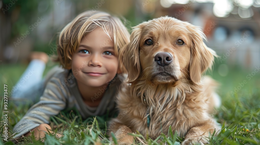 children playing withsmall puppy at family garden party portrait of little boy lying on grass looking at golden retriever puppy children playing withsmall puppy at family garden party portrait of little boy lying on grass looking at golden retriever puppy