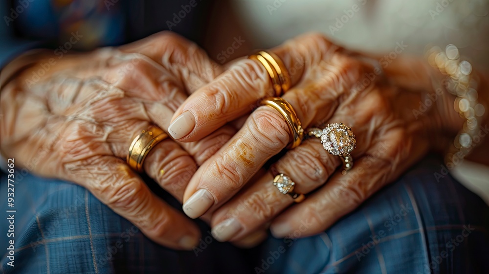 Fototapeta premium close up of seniors hands with wedding rings during their marriage
