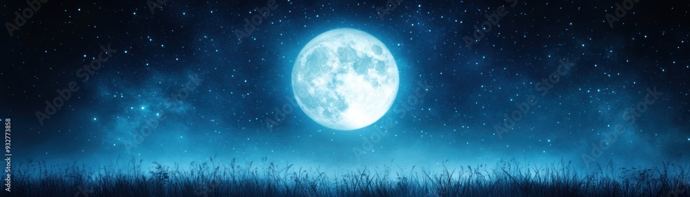 Fototapeta premium Glimpse of the Moon: A Mesmerizing Night Over a Tranquil Landscape of Stars