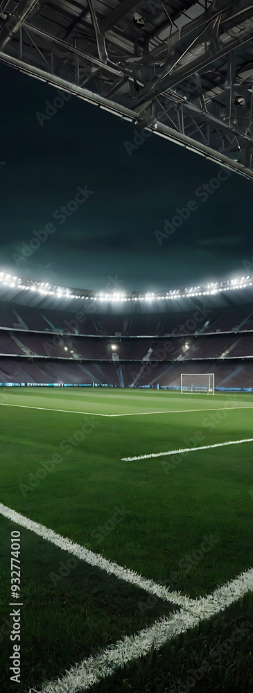 Fototapeta premium A Wide Perspective Spectacular sport Football stadium with glowing floodlights and empty green grass field and pitch. Football sports background for advertisement with copy space 