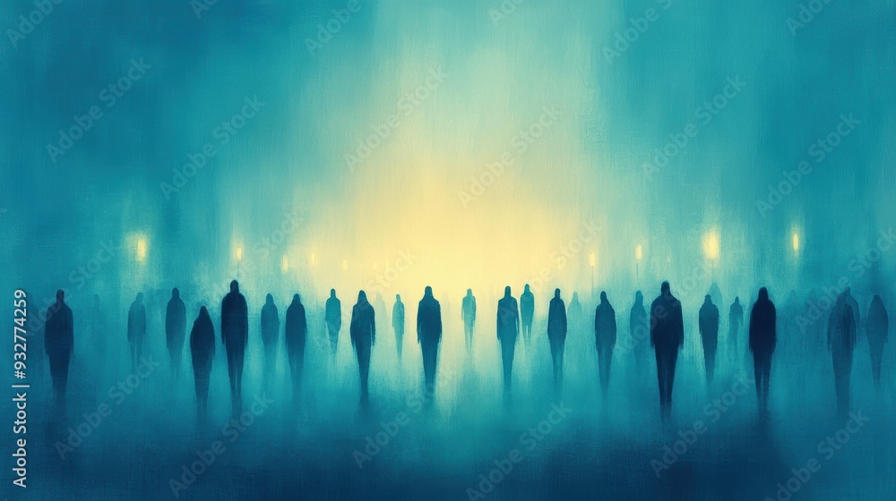 Shadowy Figures Emerge in an Eerie, Foggy Marketplace at Dusk Shadowy Figures Emerge in an Eerie, Foggy Marketplace at Dusk