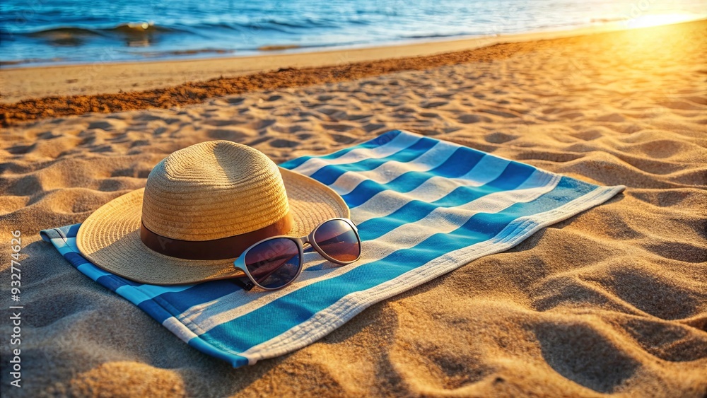 Obraz premium Wide angle view of beach towel with hat and sunglasses on sand