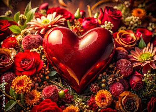 Deep red hearts swell with passion, surrounded by intricate flowers that bloom at low angles, immersed in a rich tapestry of warm colors that set off their fiery passion.