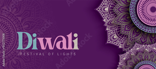 Happy Diwali festival with oil lamp, Rangoli decoration with Diya, Diwali holiday Background with rangoli, Diwali celebration greeting card,vector.