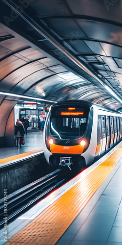 Subway train arriving at underground station photo