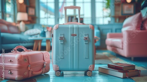 Pastel Suitcases and Travel Book on a Blue Floor