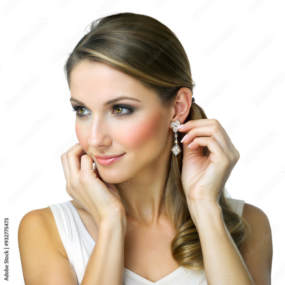 Woman carefully adjusting her earrings, preparing for an elegant event Woman carefully adjusting her earrings, preparing for an elegant event