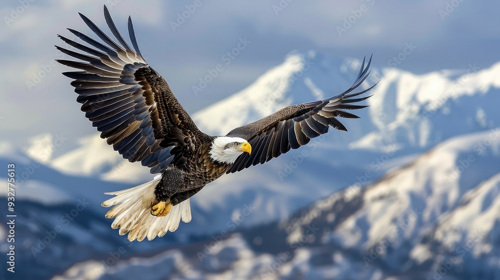 Obraz premium Majestic bald eagle soaring over snowy mountains
