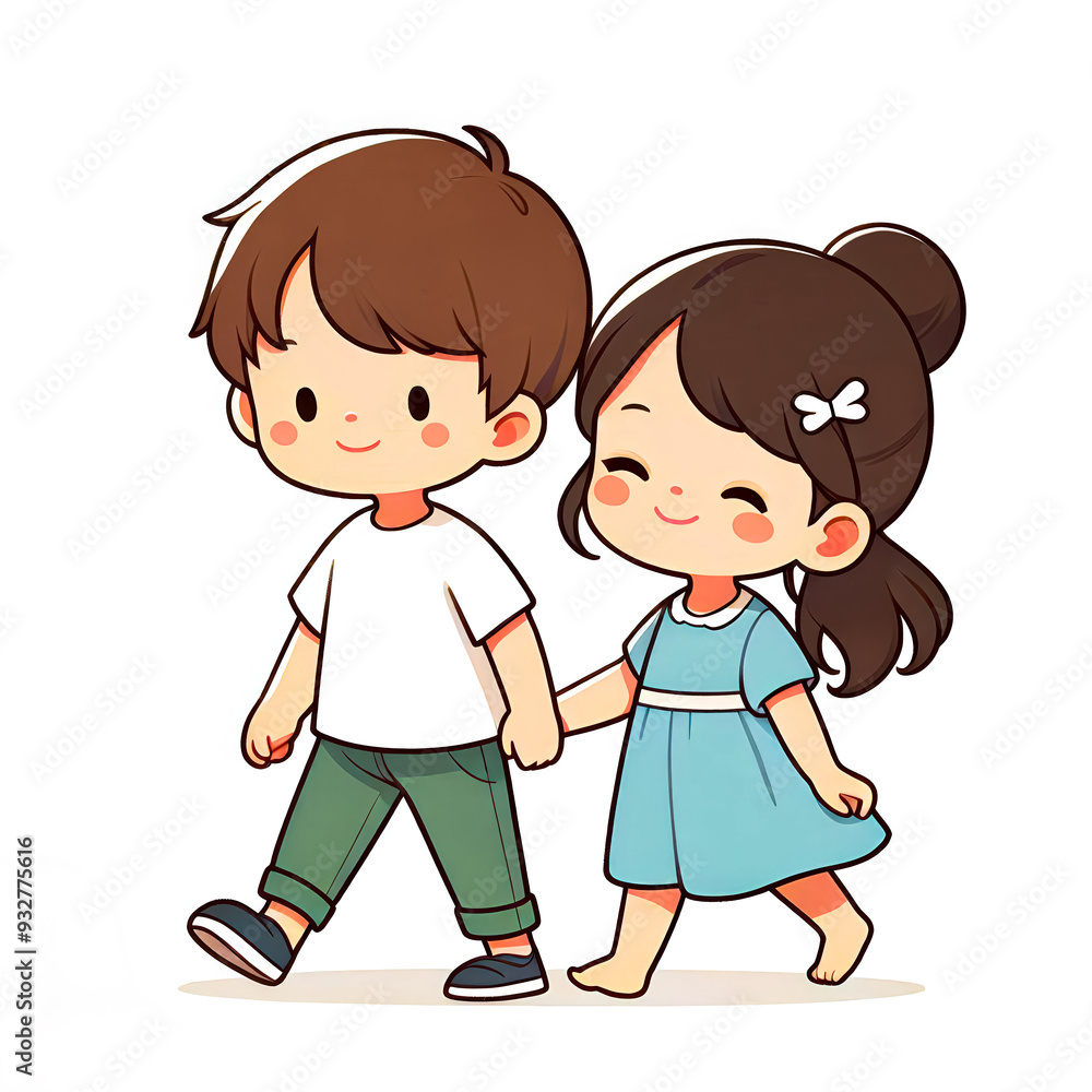 Vector illustration of two siblings walking hand in hand with love and care on white background. Vector illustration of two siblings walking hand in hand with love and care on white background.