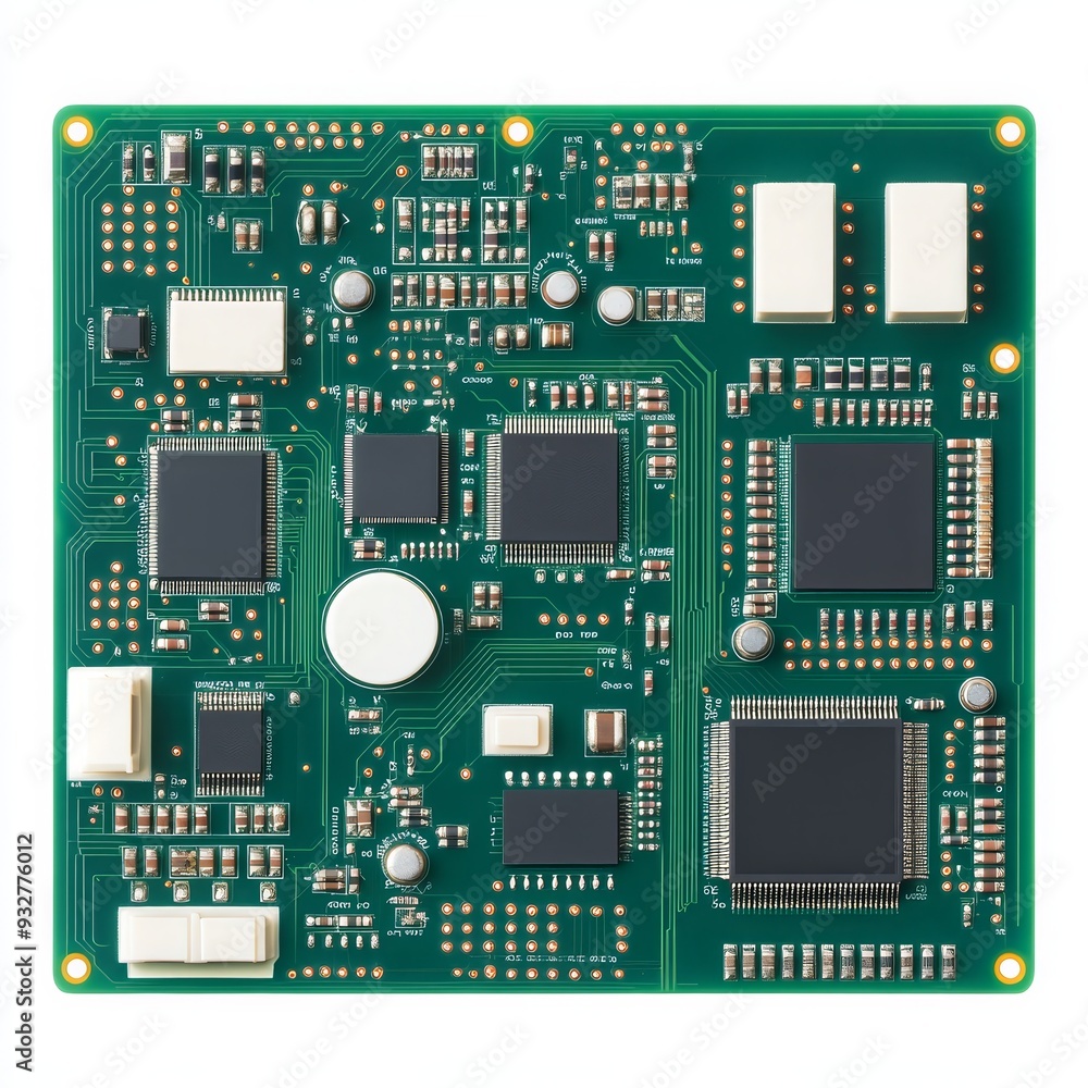 High-resolution closeup of a green electronic circuit board showcasing microchips, capacitors, and other components for technology use. High-resolution closeup of a green electronic circuit board showcasing microchips, capacitors, and other components for technology use.