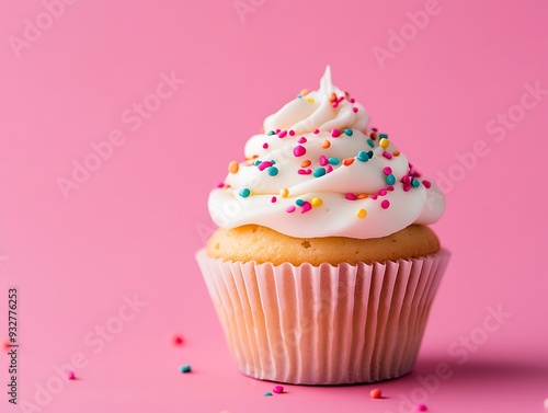 An adorable cupcake with a vibrant pink background, showcasing its whimsical decoration and cheerful appearance. The top portion of the image is left open for easy text insertion.