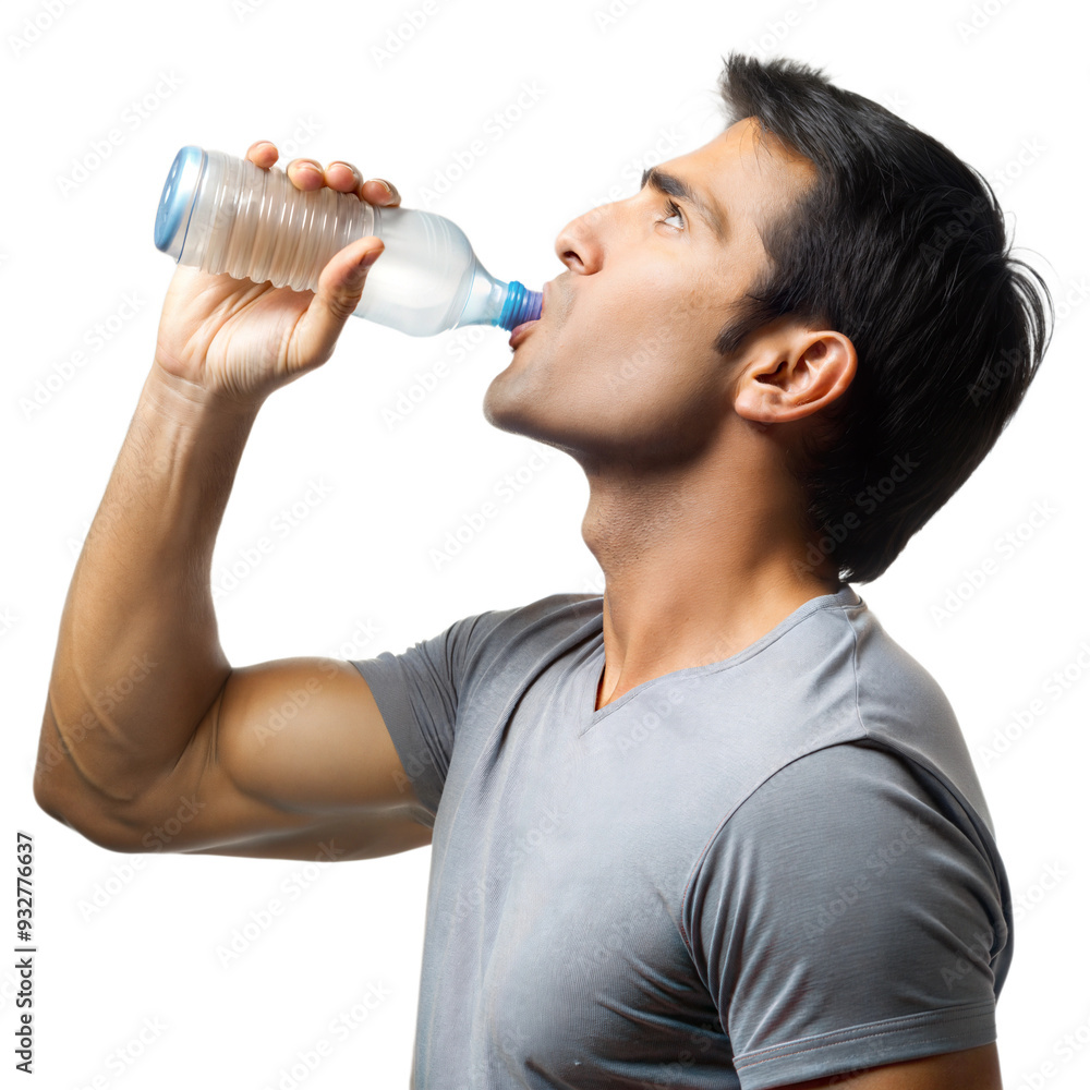 Man drinking bottled water, staying hydrated during a break
