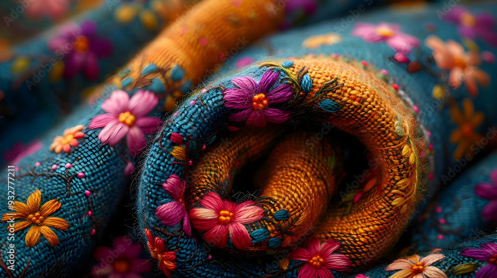 Close-Up of Floral Embroidered Fabric, Teal and Orange, Illustration Close-Up of Floral Embroidered Fabric, Teal and Orange, Illustration