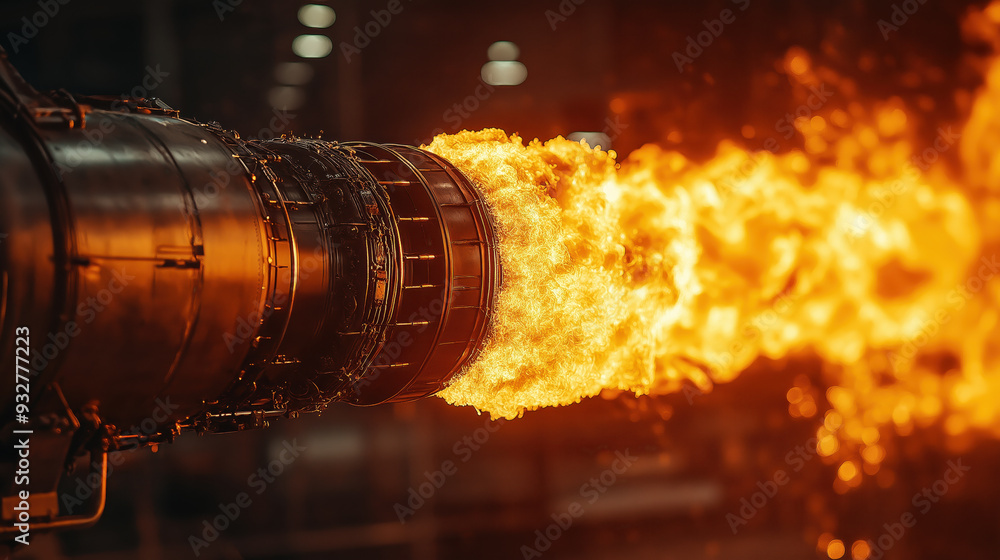 Close Up Shot of a Powerful Jet Engine Igniting with Fiery Flames in a Dark Industrial Setting Close Up Shot of a Powerful Jet Engine Igniting with Fiery Flames in a Dark Industrial Setting