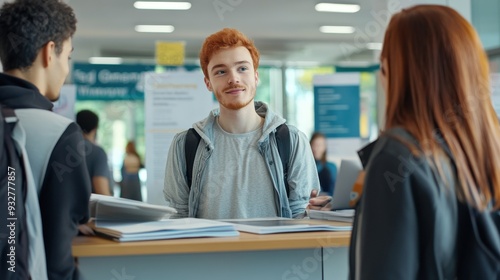 Redhead student talking to friend in college.
