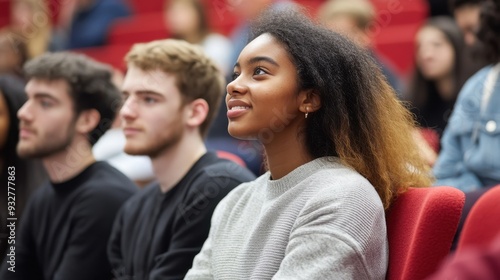 Young woman listening intently in a lecture hall.