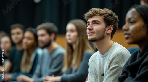 Young man listening intently in a group.