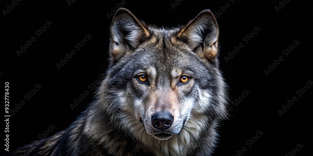 Obraz premium Scary dark gray wolf making direct eye contact in the dark on a black background