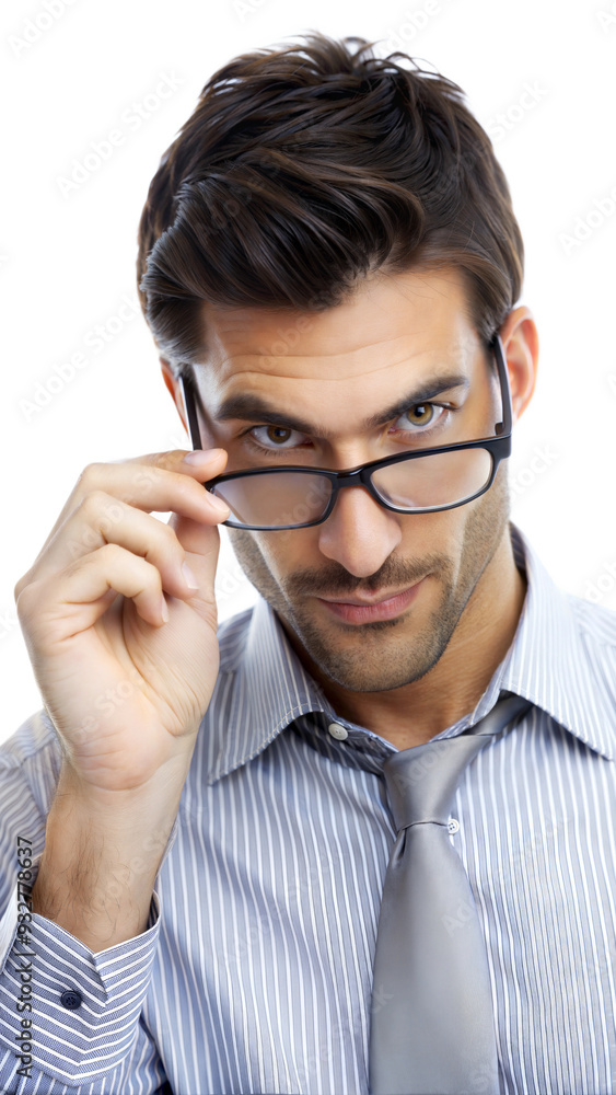 Man in business attire adjusting glasses, focusing intently Man in business attire adjusting glasses, focusing intently