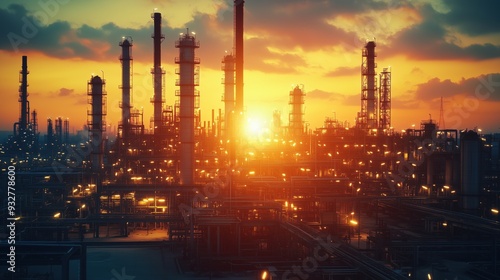 Wallpaper Mural Petrochemical plant under a glowing sunset. Sprawling petrochemical plant is bathed in the warm glow of a sunset, with numerous towers and pipelines dominating the scene. Torontodigital.ca