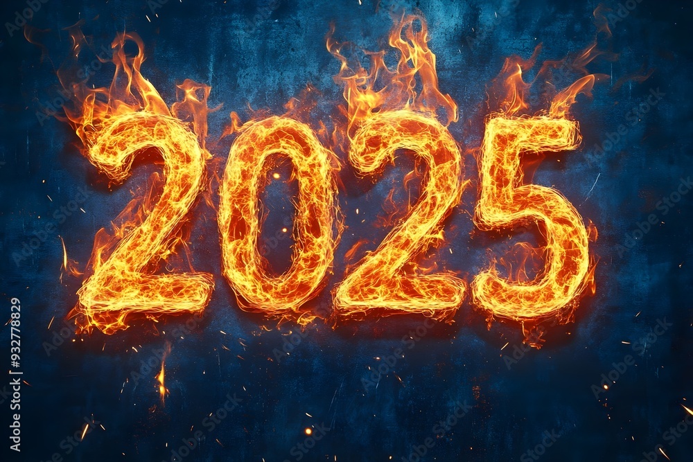 Flames forming year 2025 against a deep, dark blue background Flames forming year 2025 against a deep, dark blue background