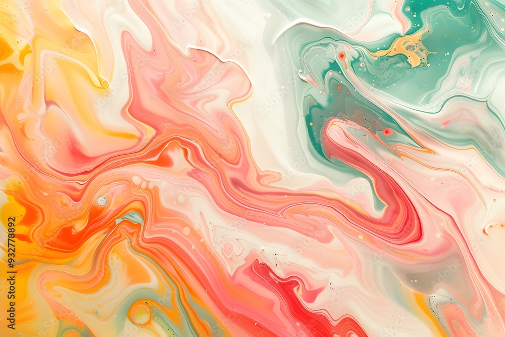 Abstract background, peach and green marble pattern. Abstract liquid paint. Artistic texture with swirling waves of pink, orange, red, yellow and white colors Abstract background, peach and green marble pattern. Abstract liquid paint. Artistic texture with swirling waves of pink, orange, red, yellow and white colors