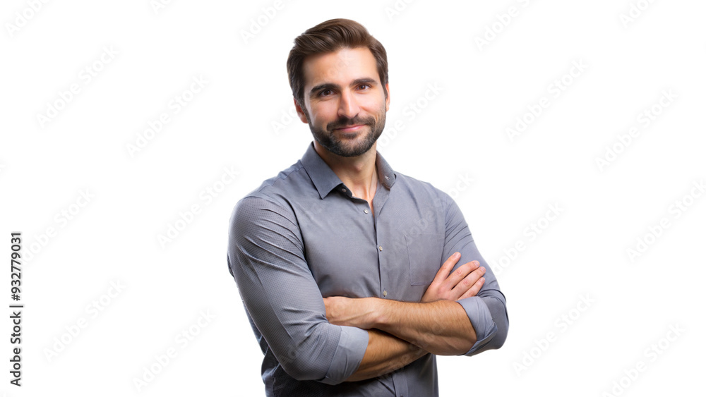 Smiling man with arms crossed, casual and confident stance Smiling man with arms crossed, casual and confident stance
