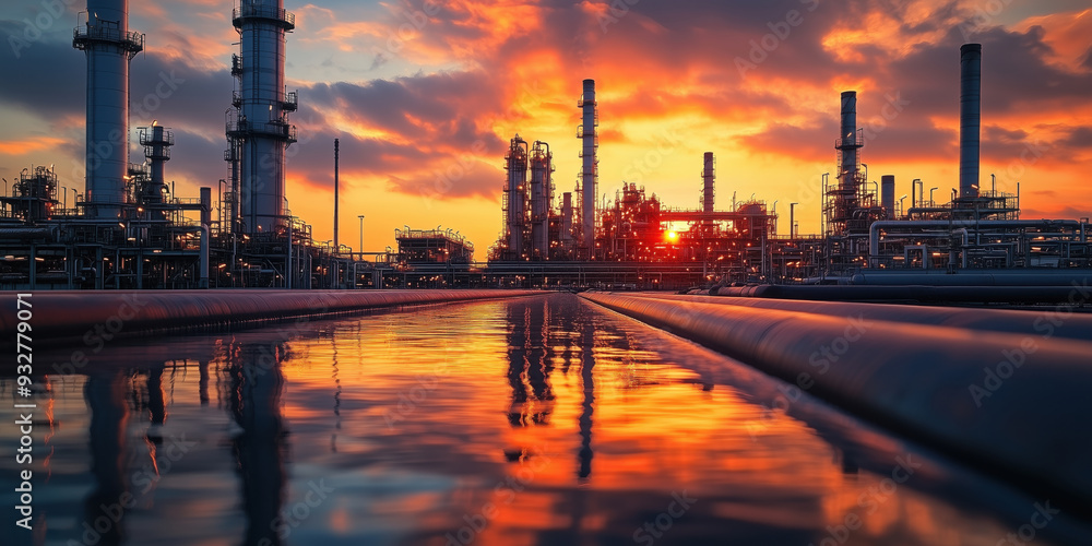 Fototapeta premium Oil refinery with reflective pipelines at sunset. Oil refinery at sunset with pipelines reflecting the vibrant colors of the sky, highlighting the scale and complexity of the infrastructure.