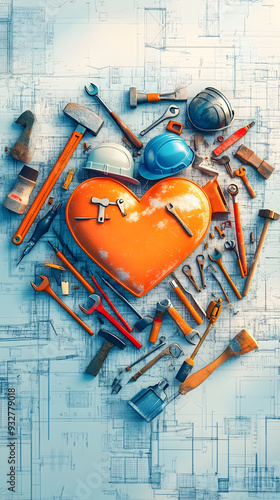 Colorful heart made of tools surrounded by construction equipment on a blueprint background