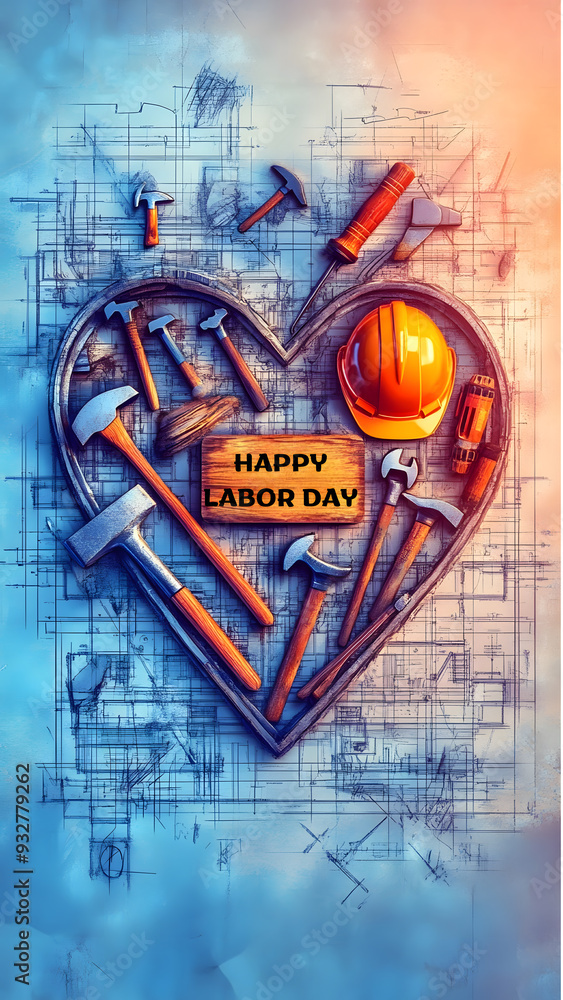 Obraz premium Tools arranged in a heart shape on a textured blue background with construction helmets and various equipment for a creative construction theme