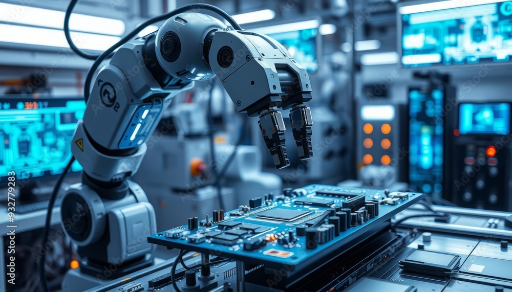 Fototapeta premium Robotic Arm Assembling Circuit Board in High-Tech Lab