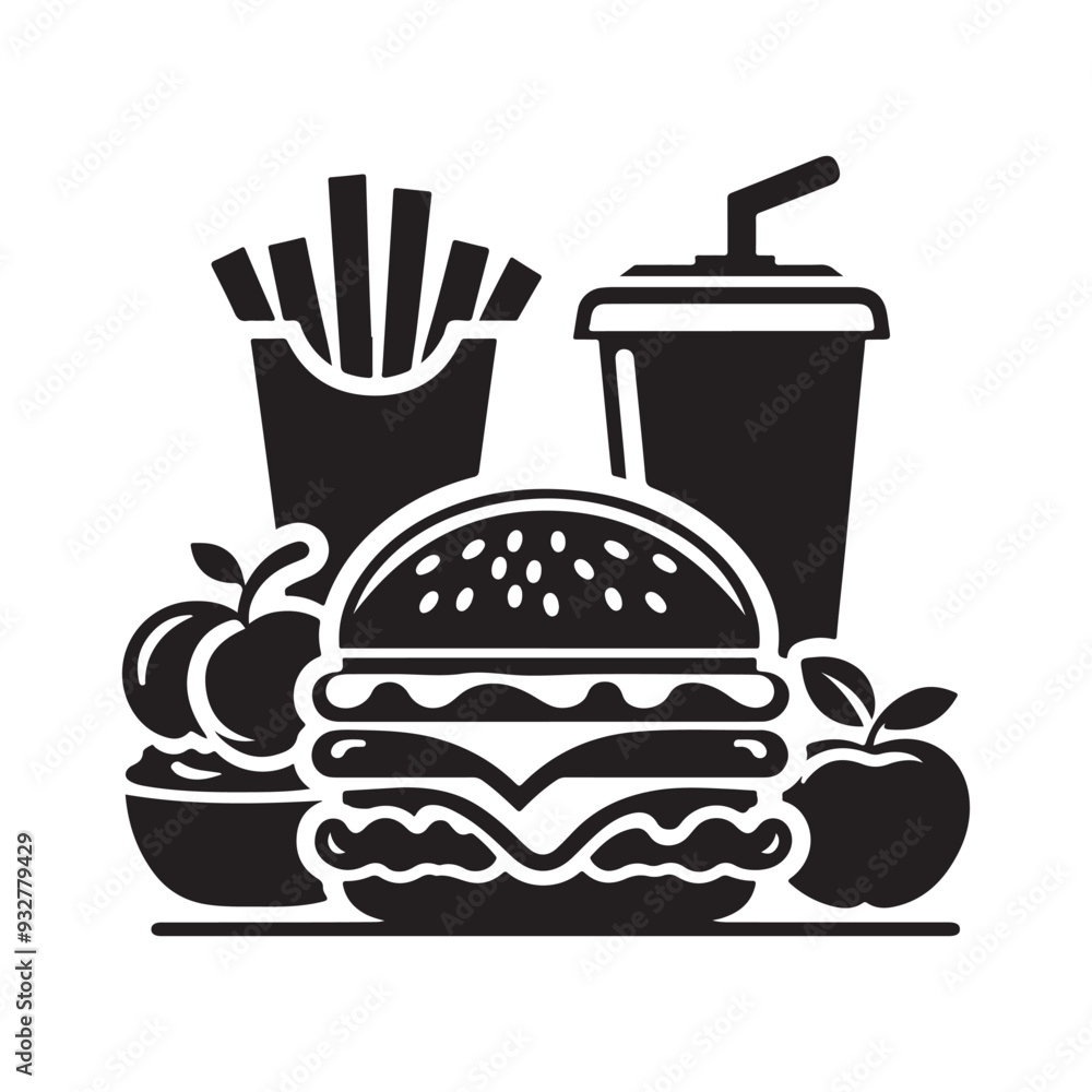 Fast foods icon, logo, silhouette, burger, fries, drinks, Symbols and signs of street food, Black Fast Food Icons Fast foods icon, logo, silhouette, burger, fries, drinks, Symbols and signs of street food, Black Fast Food Icons