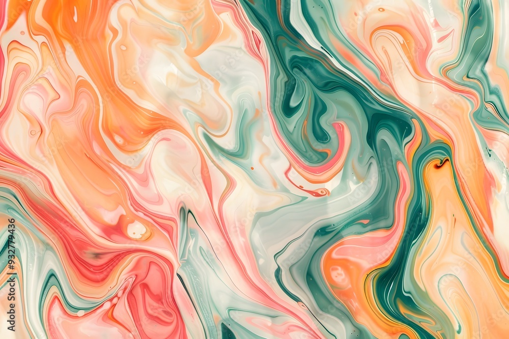 Abstract background, peach and green marble pattern. Abstract liquid paint. Artistic texture with swirling waves of pink, orange, red, yellow and white colors Abstract background, peach and green marble pattern. Abstract liquid paint. Artistic texture with swirling waves of pink, orange, red, yellow and white colors