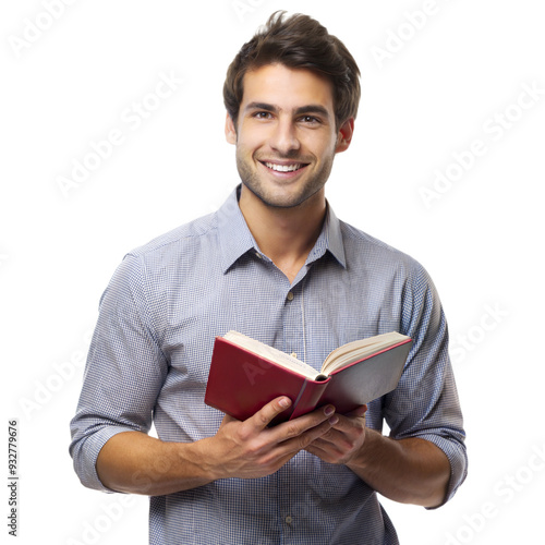 Smiling man holding a book, looking friendly and approachable