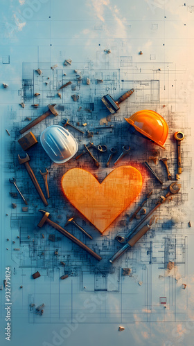 Artisans demonstrate their passion for construction with tools arranged around a heart symbol against a blueprint backdrop