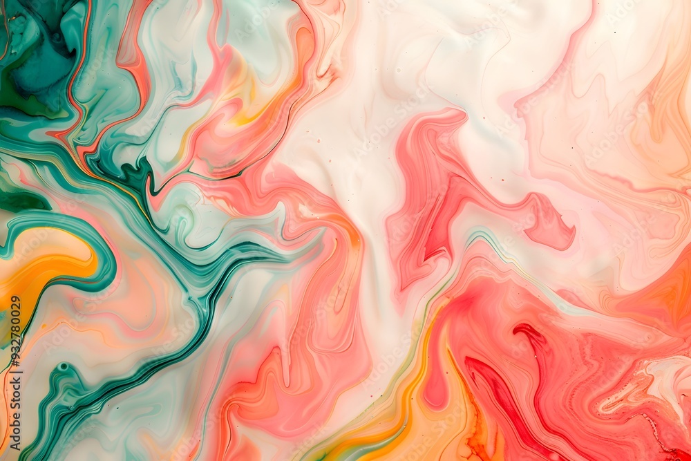Abstract background, peach and green marble pattern. Abstract liquid paint. Artistic texture with swirling waves of pink, orange, red, yellow and white colors Abstract background, peach and green marble pattern. Abstract liquid paint. Artistic texture with swirling waves of pink, orange, red, yellow and white colors