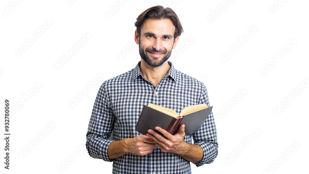 Man with a book, smiling casually and looking relaxed Man with a book, smiling casually and looking relaxed