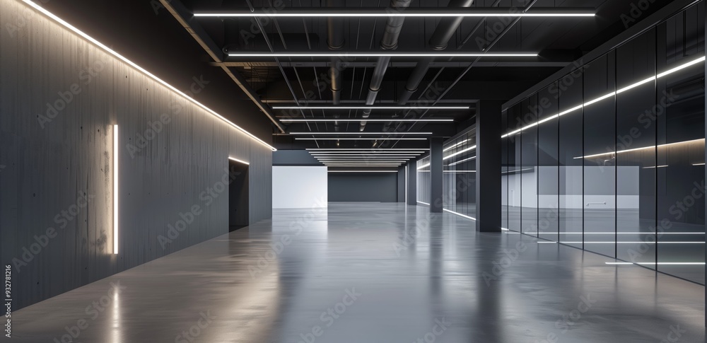 Modern industrial-style office hallway with sleek black walls, glass partitions, and LED lighting. Concepts of contemporary architecture, workspace efficiency, and minimalist design. Modern industrial-style office hallway with sleek black walls, glass partitions, and LED lighting. Concepts of contemporary architecture, workspace efficiency, and minimalist design.