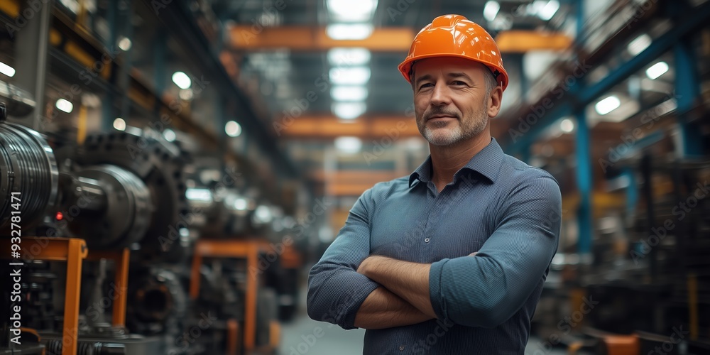 Factory supervisor wearing a hard hat, confidently standing with crossed arms on the production floor of an industrial factory filled with machinery. Factory supervisor wearing a hard hat, confidently standing with crossed arms on the production floor of an industrial factory filled with machinery.