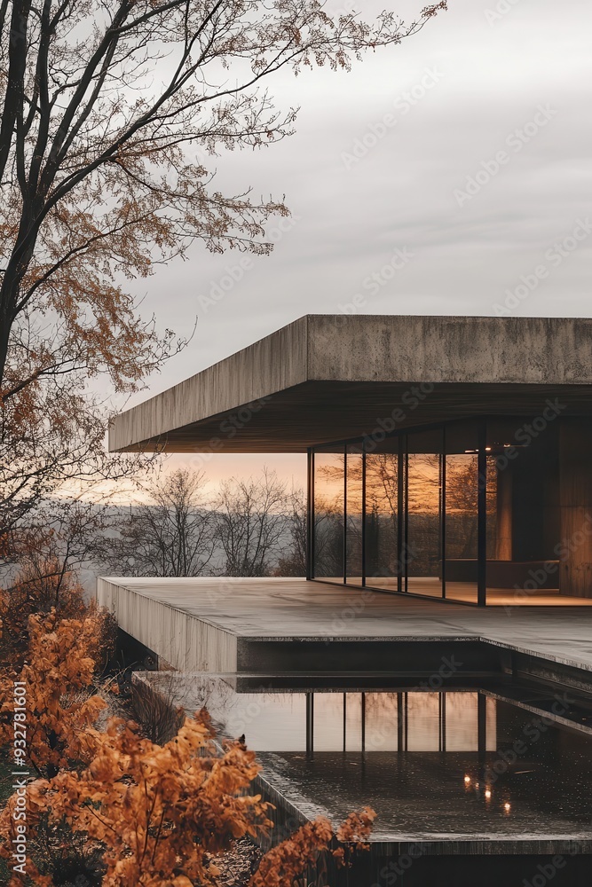 Obraz premium Modern Minimalist House with Large Glass Windows and Reflective Pool in Autumn Setting